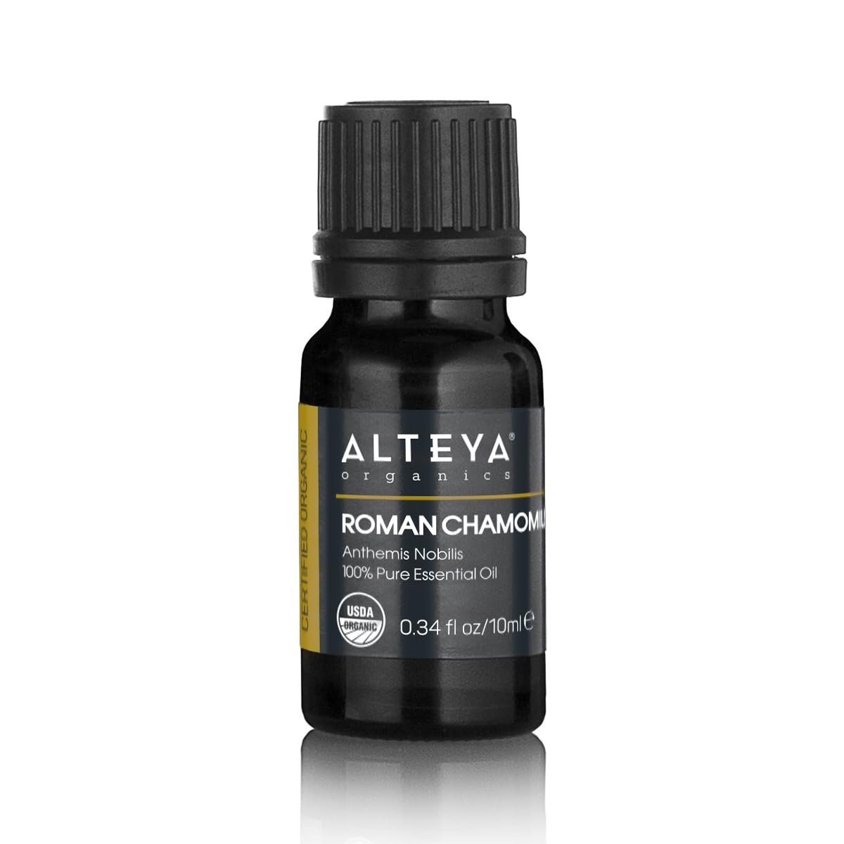 Alteya Organics Chamomile, Roman essential oil, perfect for skincare and aromatherapy, with a drawing of a flower.