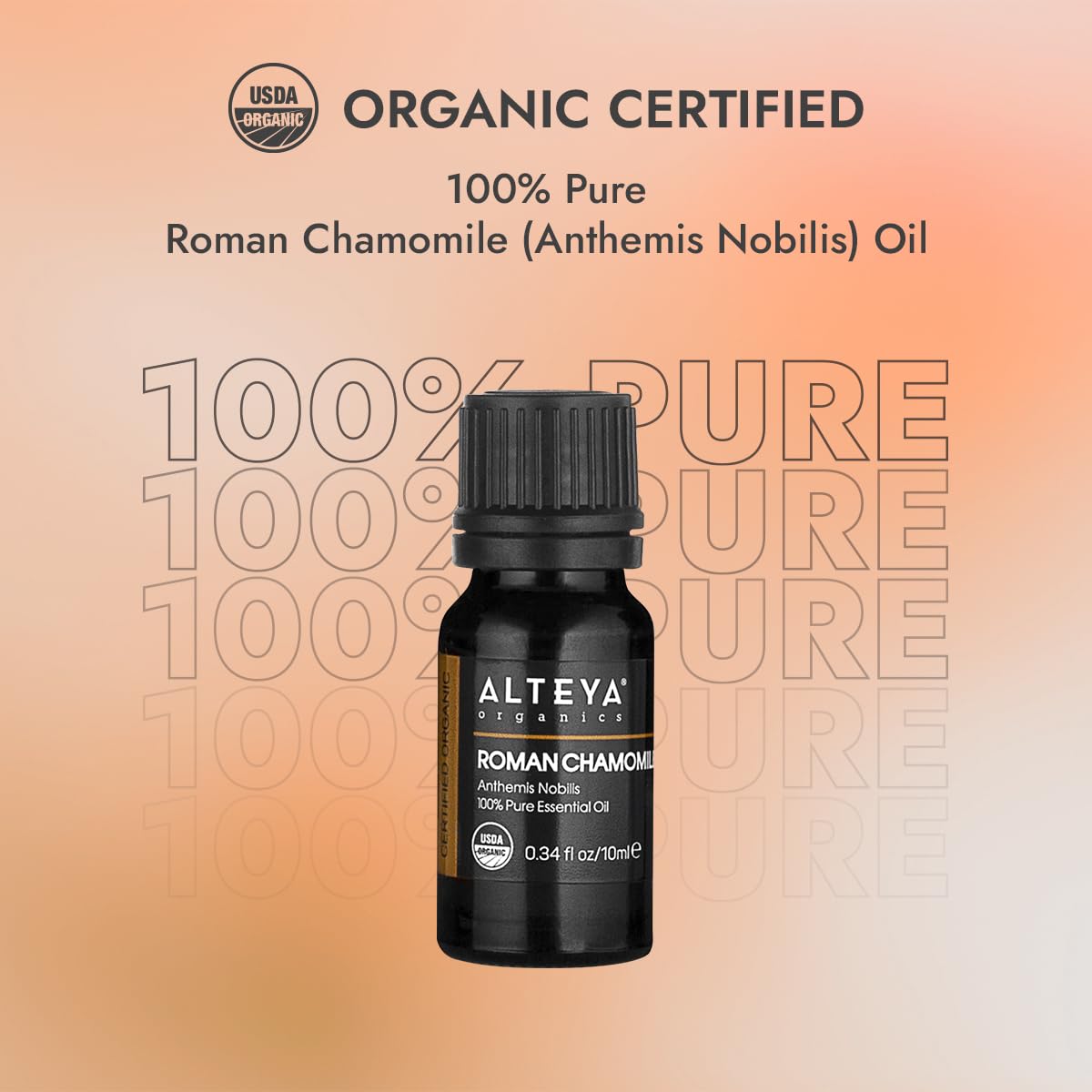 Alteya Organics Chamomile, Roman essential oil, perfect for skincare and aromatherapy, with a drawing of a flower.
