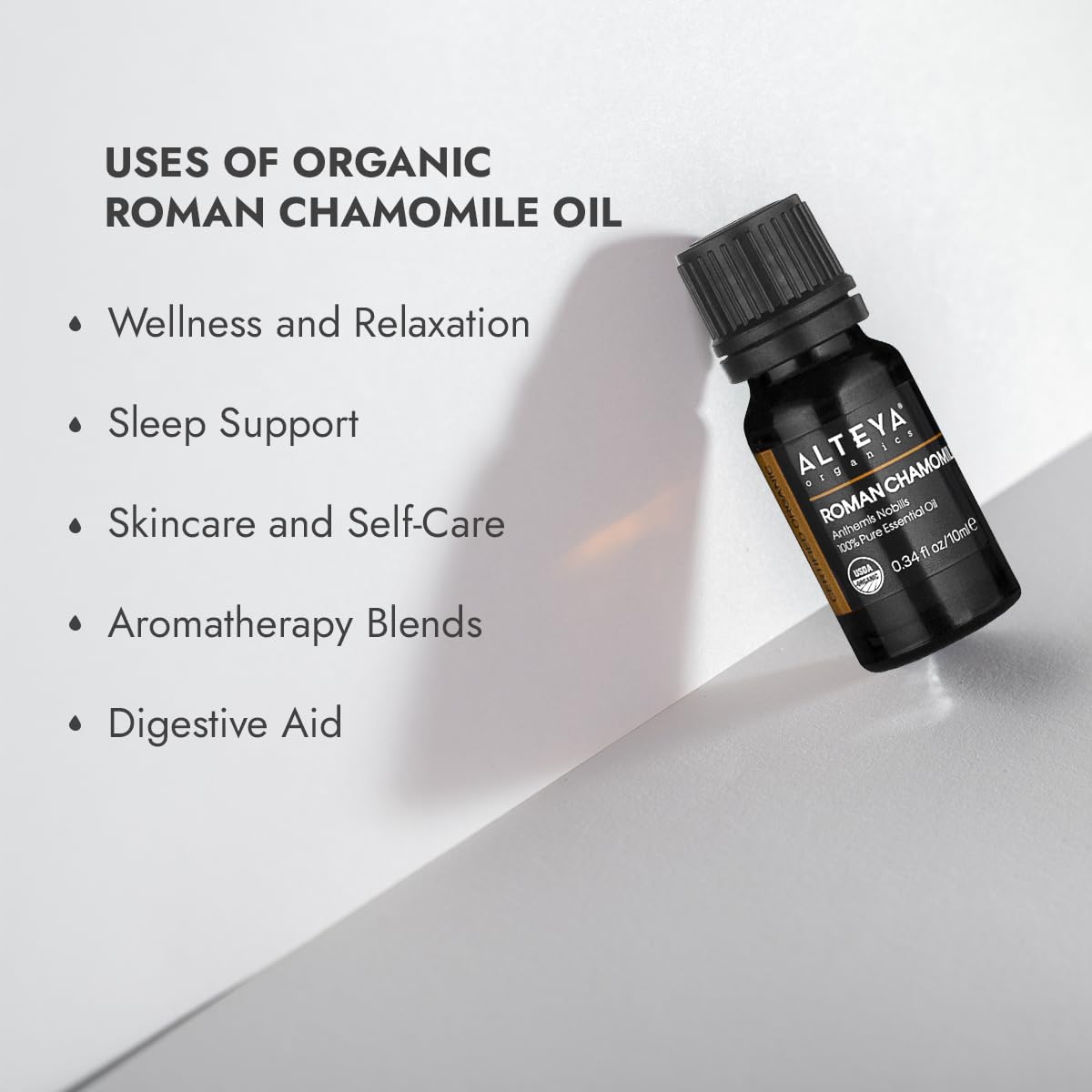 Alteya Organics Chamomile, Roman essential oil, perfect for skincare and aromatherapy, with a drawing of a flower.