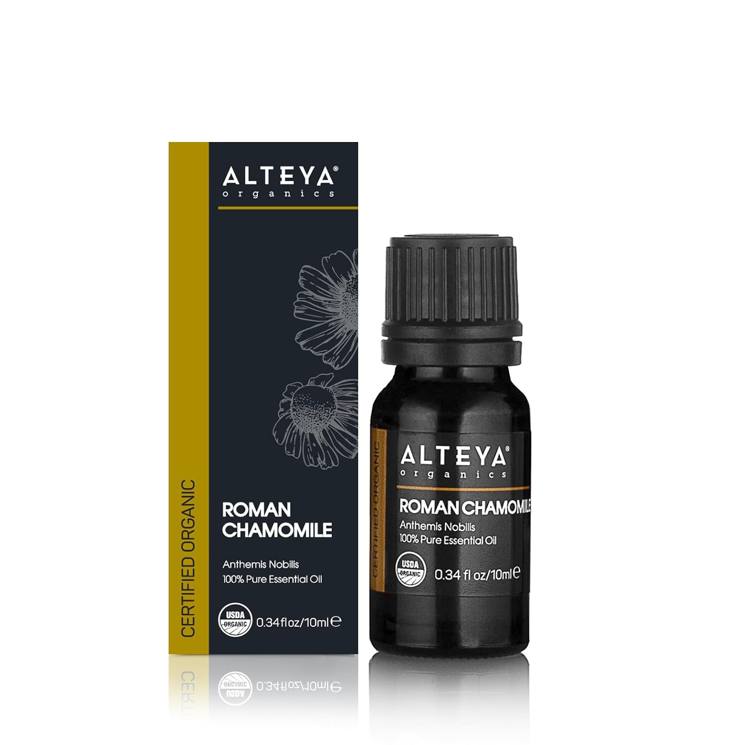 Alteya Organics Chamomile, Roman essential oil, perfect for skincare and aromatherapy, with a drawing of a flower.