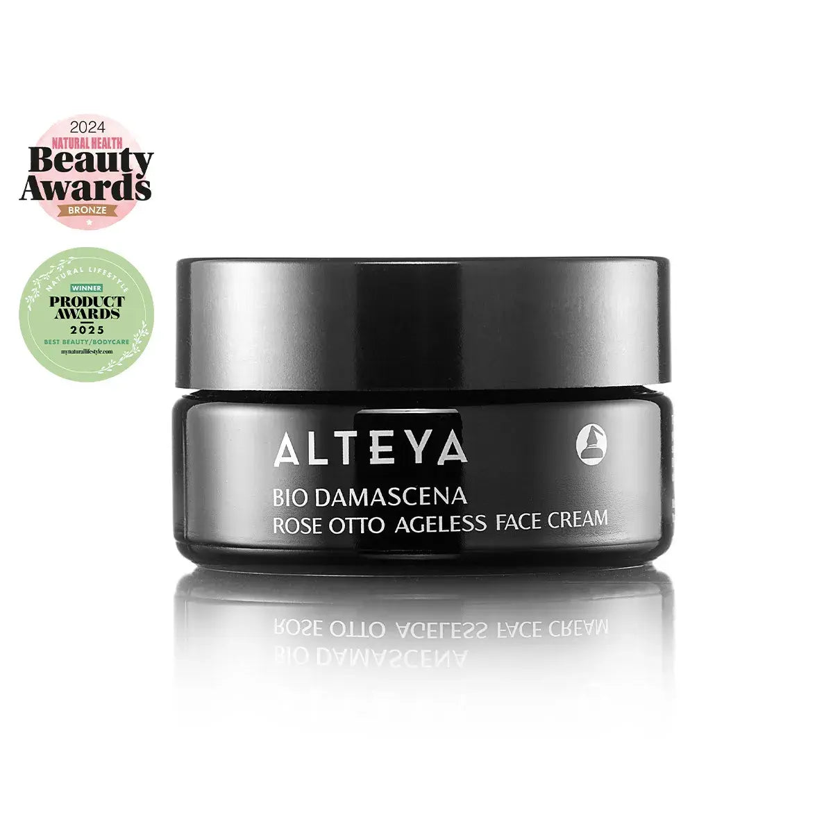 Rose Otto Ageless Face Cream with white truffle extract on a white background Bio Damascena Alteya Organics