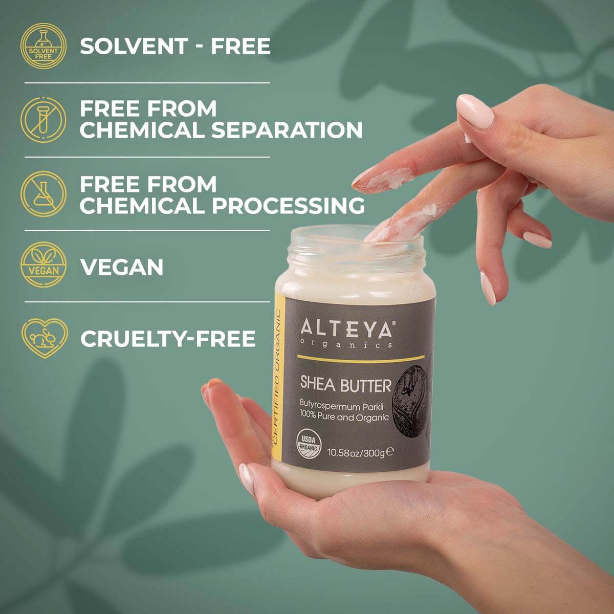 A woman holding a jar of Alteya Organics Shea Butter - USDA Organic - 10.58 Oz/300g Glass Jar, a moisturizing and skin-protecting product.