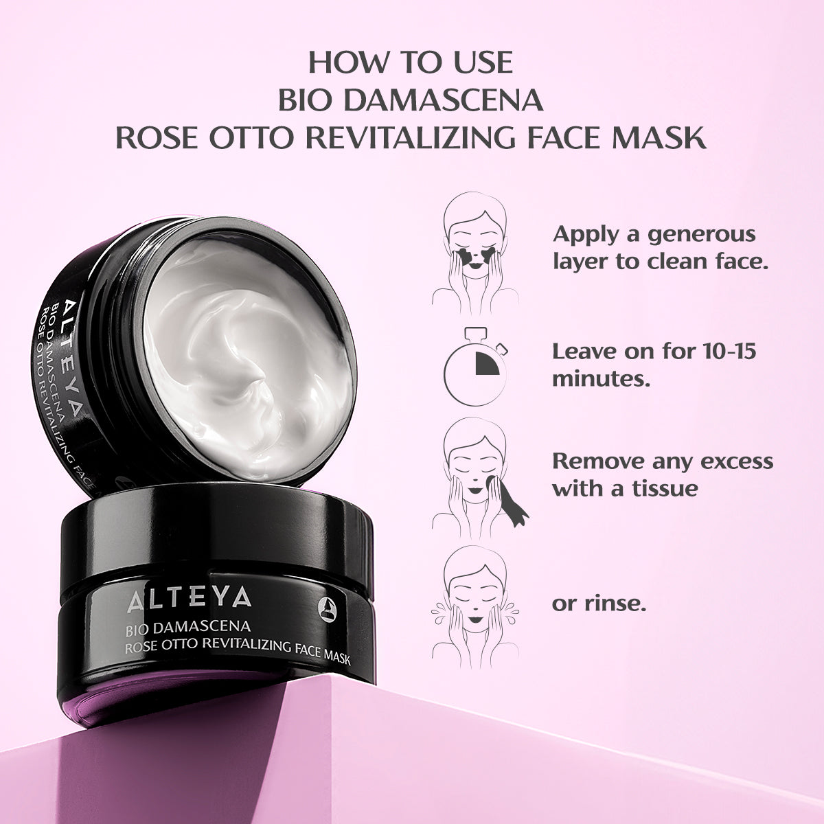 A skincare product advertisement showing an open jar of BIO DAMASCENA ROSE OTTO REVITALIZING FACE MASK with application instructions on a purple background.
