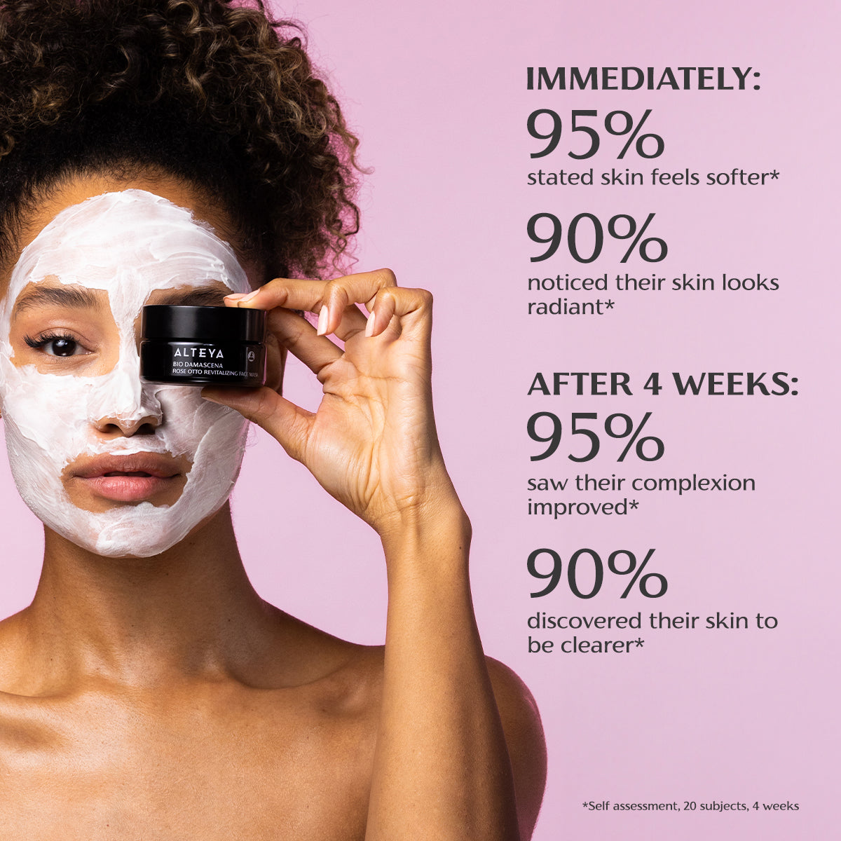 Woman applying Bio Damascena Rose Otto Revitalizing Face Mask, holding a skincare product, with skin benefits percentages listed including antioxidants.