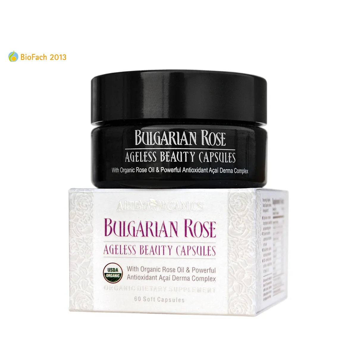 A jar of Bulgarian Rose Ageless Beauty Capsules enriched with antioxidant acai derma complex for reducing wrinkles and featuring organic rose oil from Alteya Organics.