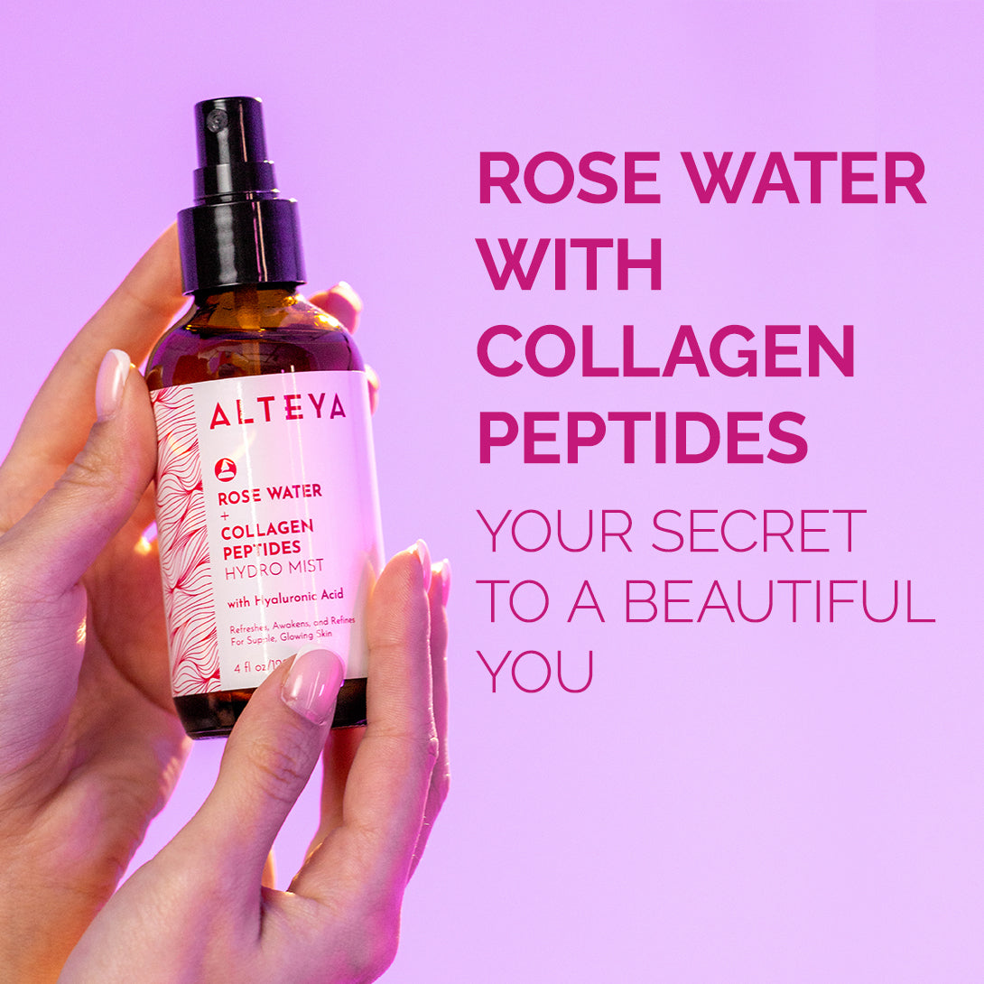 A hand delicately displaying a bottle of Rose Water Face Toner with Collagen Peptides and Hyaluronic Acid, perfect for hydrating mist and soothing sensitive skin.