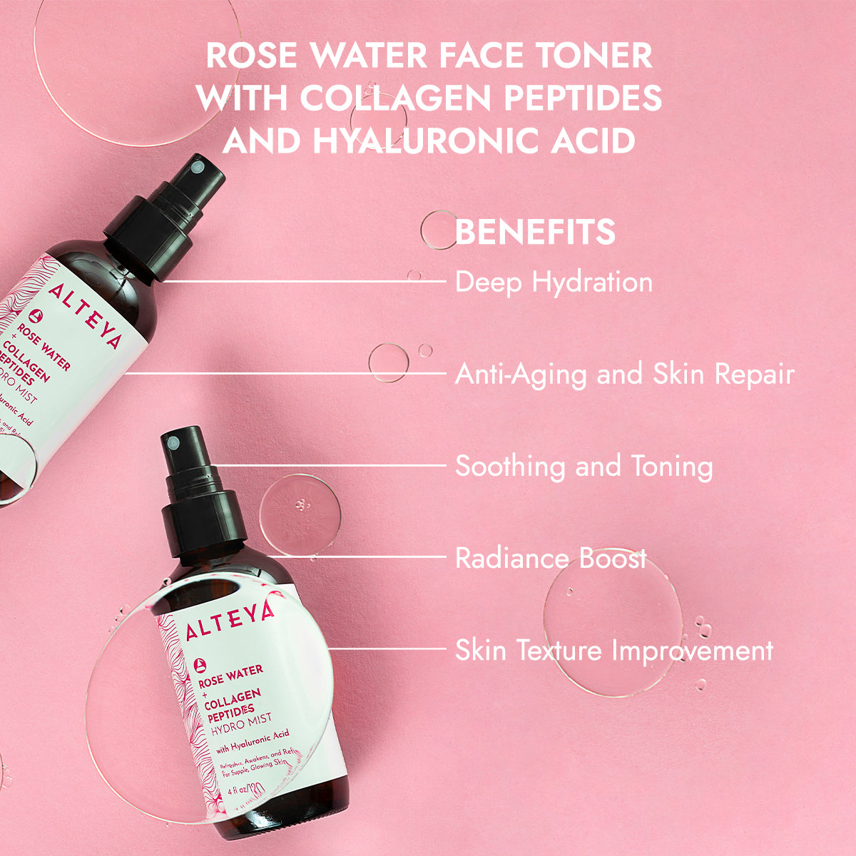 Rose Water Face Toner with Collagen Peptides and Hyaluronic Acid for a dewy-looking complexion.