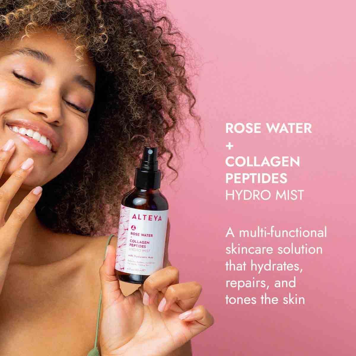 A woman holding a bottle of Rose Water Face Toner with Collagen Peptides and Hyaluronic Acid and collagen-derived peptides.
