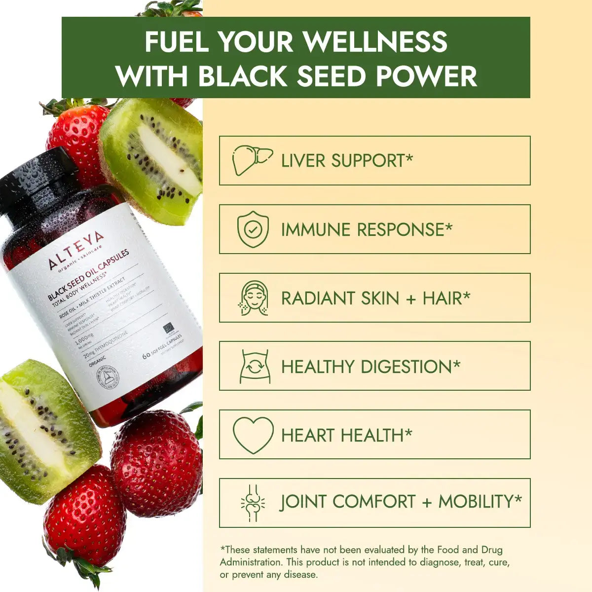 black seed oil capsules with rose oil and milk thistle extractheart health, and joint comfort.