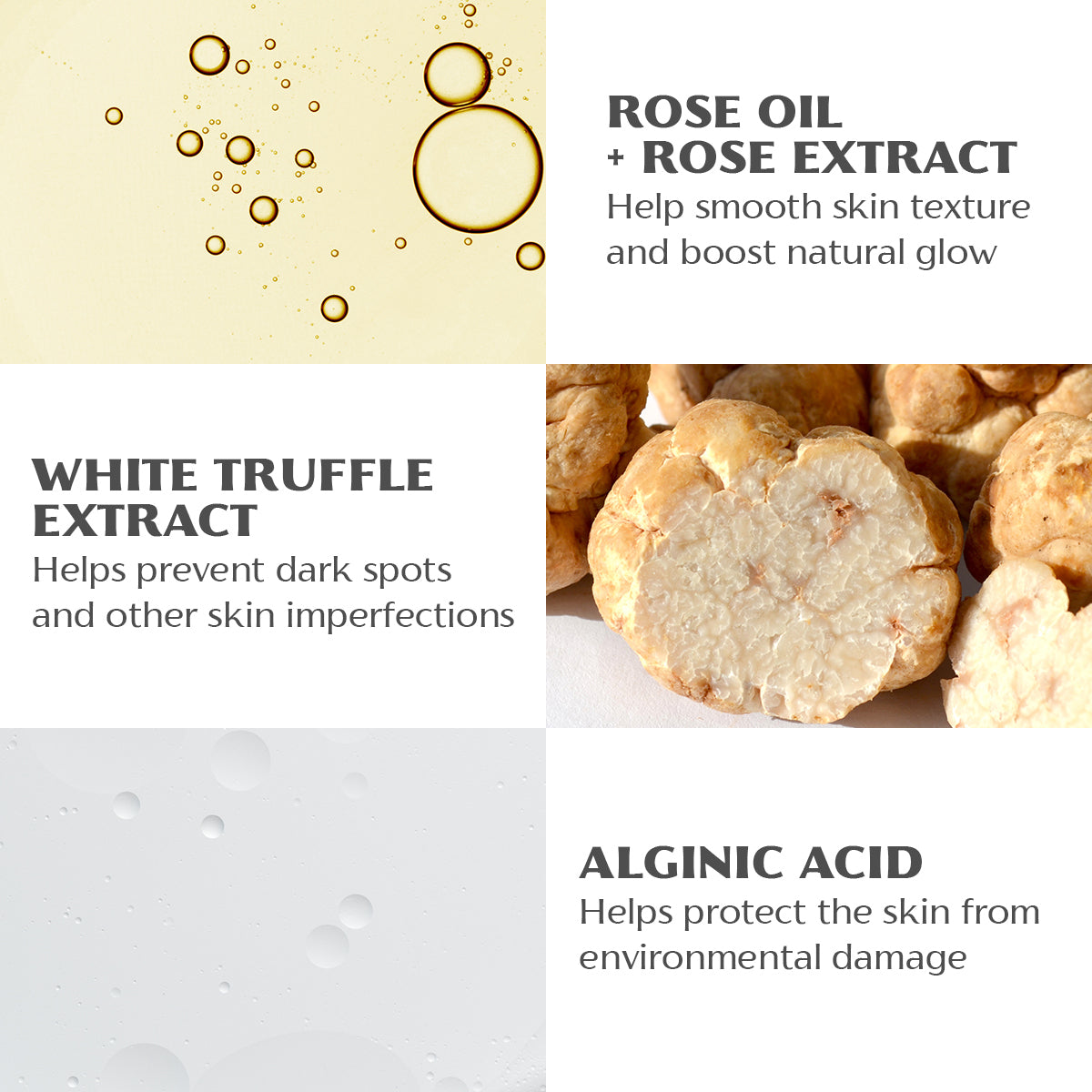 Infographic showcasing various skincare ingredients, including Bio Damascena Rose Otto Ageless Face Cream, white truffle extract, and alginate, for skin health benefits.