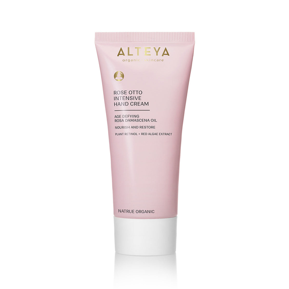 A pink tube of Organic Rose Otto Intensive Hand Cream, featuring age-defying Bulgarian Rose Otto and plant retinol, designed to nourish and restore skin.