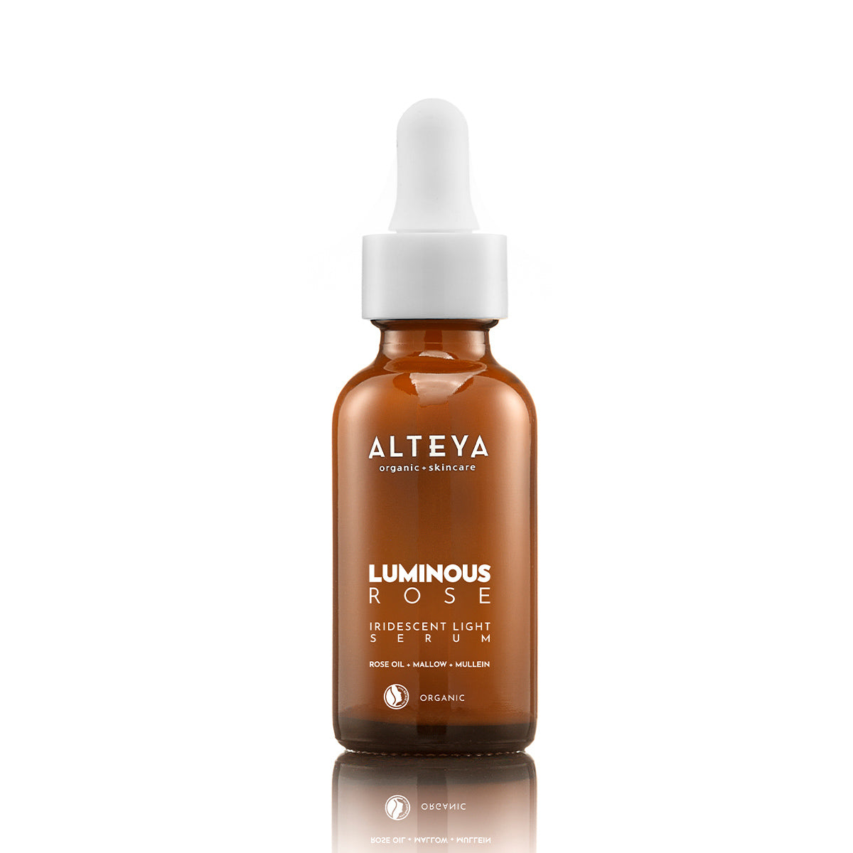 A brown glass bottle with a white dropper cap labeled "ALTEYA Organic Skincare Iridescent Light Serum Luminous Rose." The label notes it is a moisturizing serum containing brightening Mullein Extract, rose oil, mallow, and willowherb, and is organic.