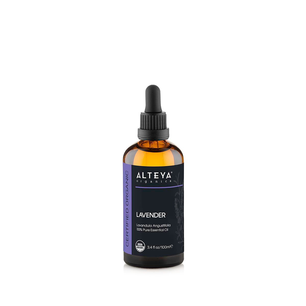 The Alteya Organics brown glass bottle of Lavender essential oil, featuring a dropper cap, is ideal for skincare and aromatherapy. The label reads "Lavandula Angustifolia 100% Pure Essential Oil, 3.4 fl oz / 100 ml.