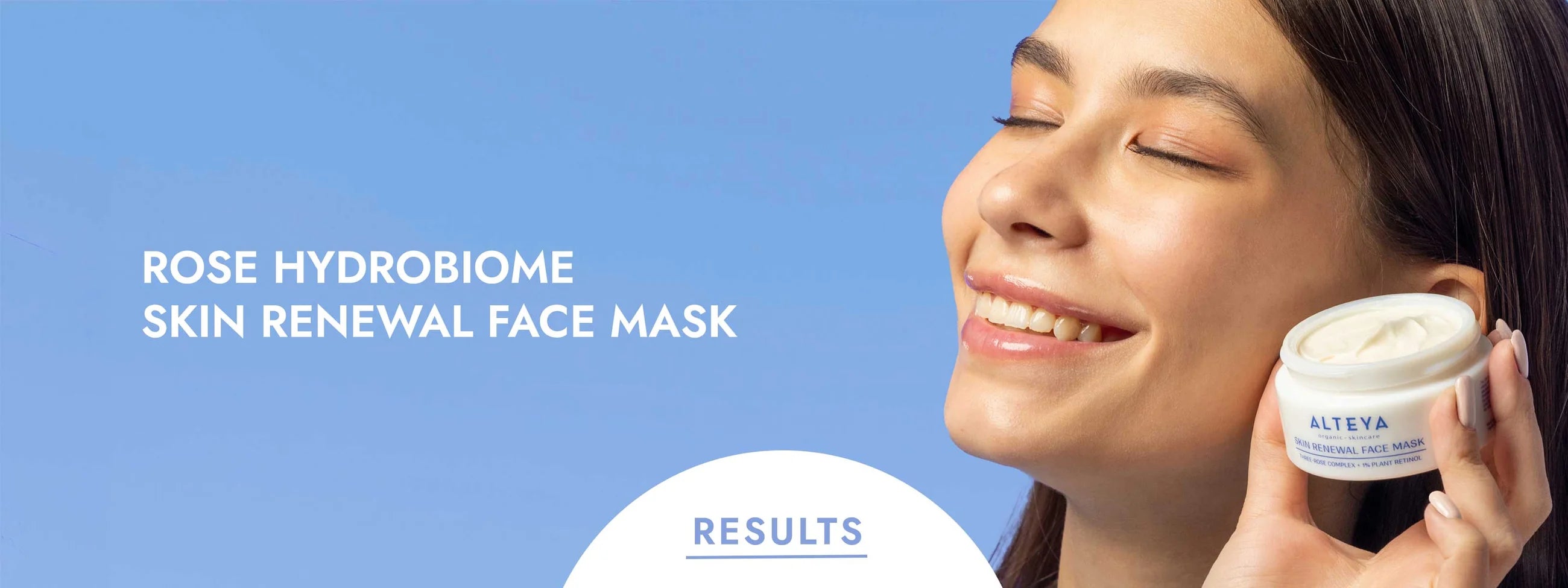 A woman is holding up a face mask with the words rose hydroxone skin renewal face mask.