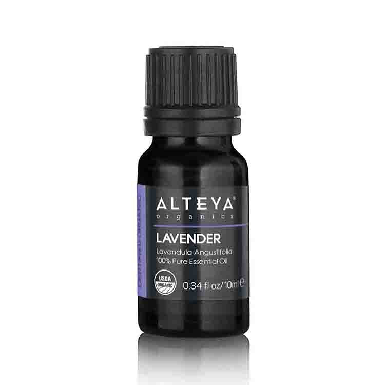 Alteya Organics Lavender essential oil (Lavandula Angustifolia), labeled as 100% pure, ideal for skincare or aromatherapy, with a capacity of 0.34 fl oz (10 ml).