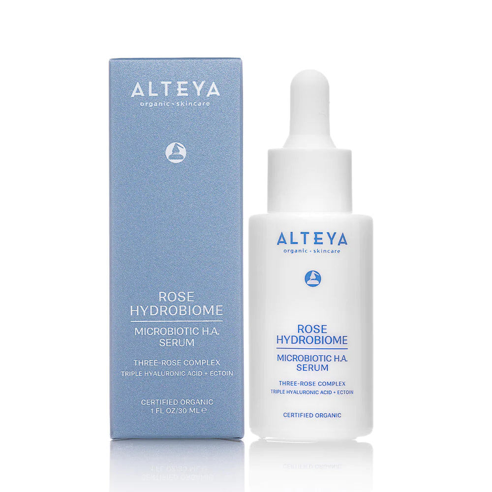 Aleveya Rose Hydrobiome Microbiotic H.A. Serum contains a potent blend of Hyaluronic Acid and Three-Rose Complex, in a 30ml formula designed to nourish and hydrate the skin.