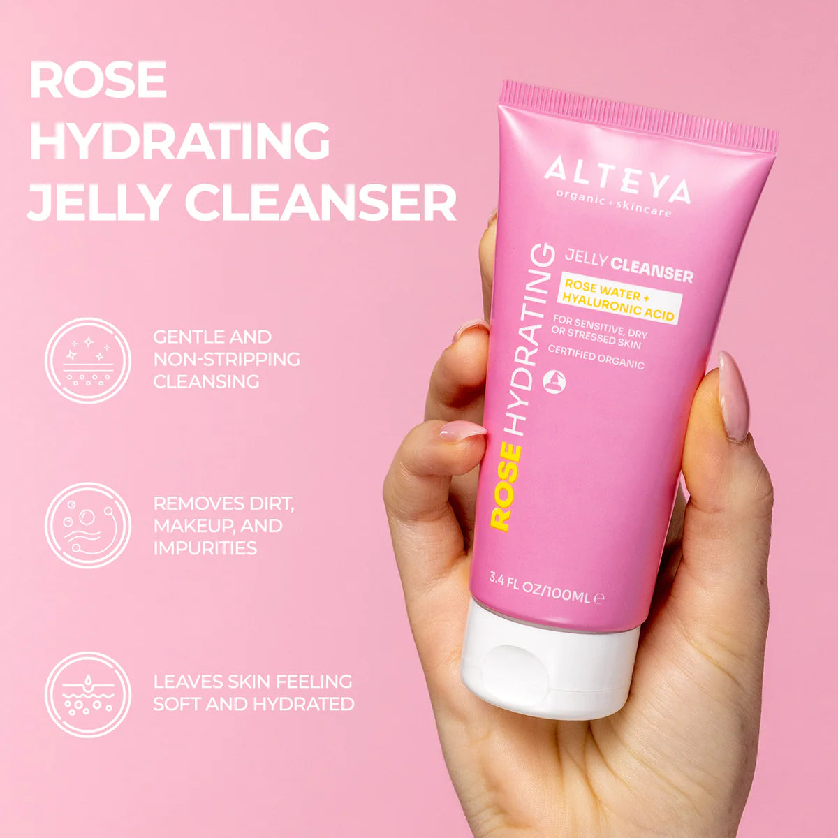 The Alteya Organics Rose Hydrating Jelly Cleanser, enriched with organic rose water and hyaluronic acid, is a gentle and effective cleanser that nourishes and hydrates the skin.