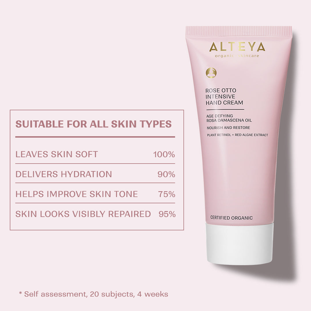 A tube of Alteya Organics' Organic Rose Otto Intensive Hand Cream, displayed on a clean white background.