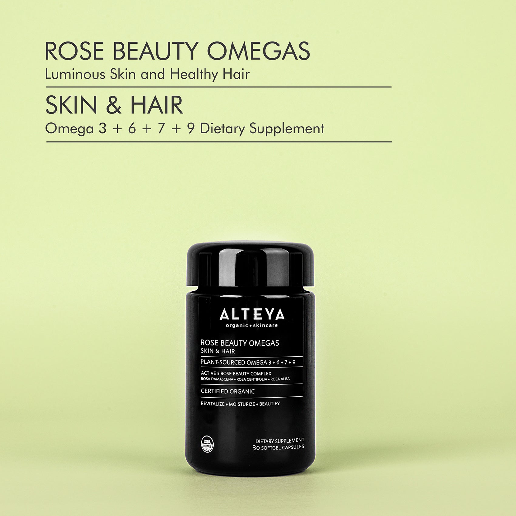 Alteya Organics' Rose Beauty Omegas - Skin & Hair Organic Supplement is designed for skin and hair nourishment.