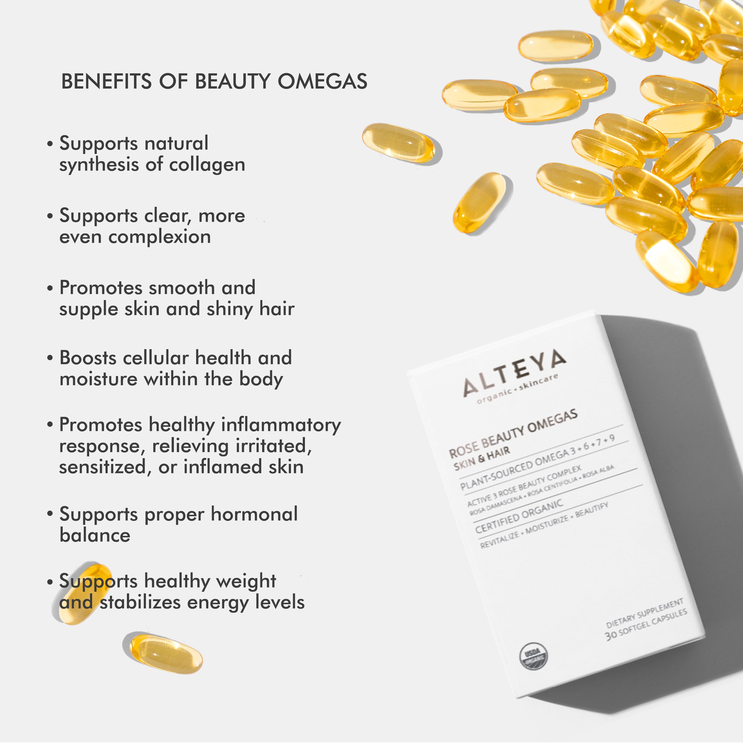 Discover the exceptional benefits of Rose Beauty Omegas Skin & Hair Organic Supplement by Alteya Organics for stronger nails.