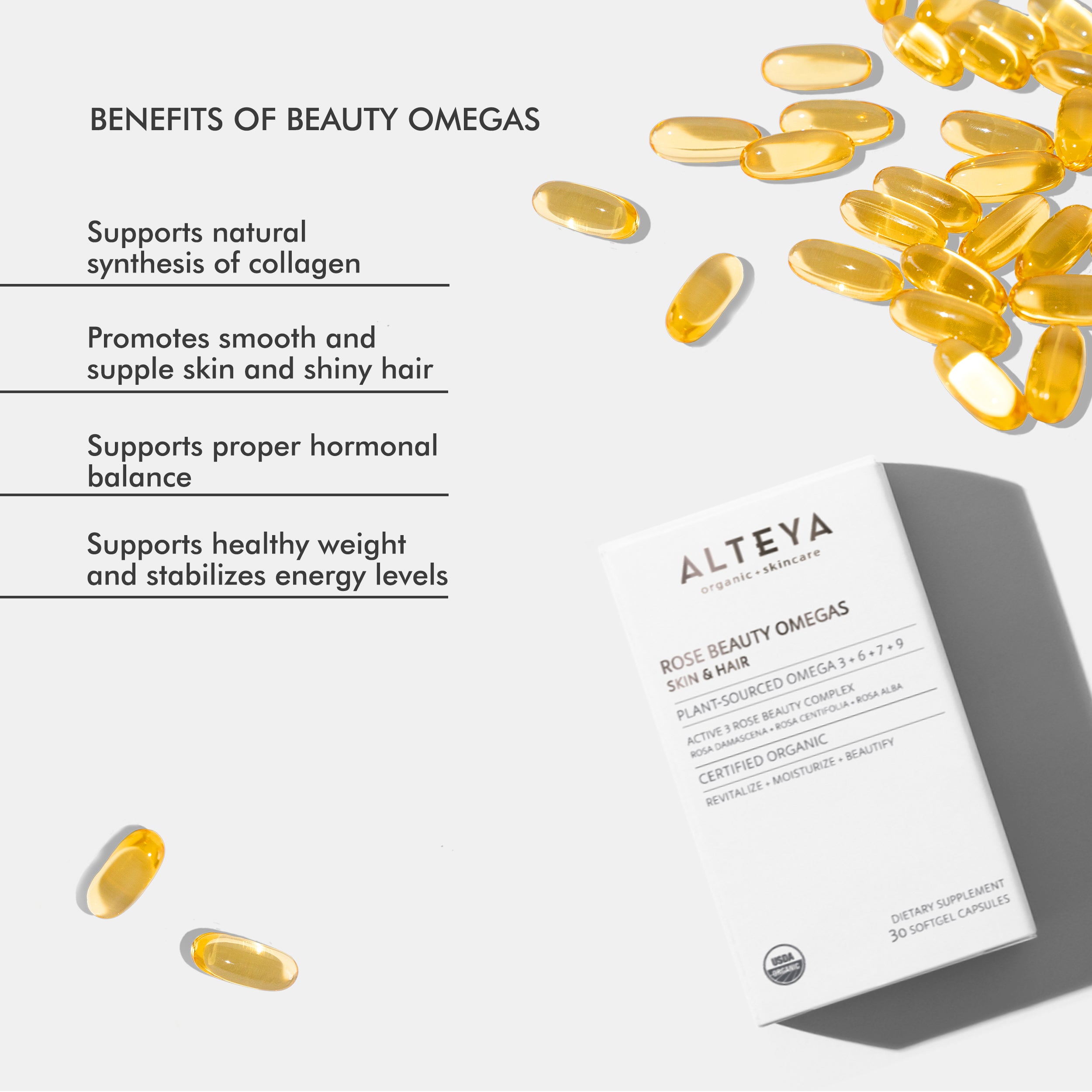 Discover the exceptional benefits of Rose Beauty Omegas, an Alteya Organics dietary formula that supports healthy skin and nourishes hair.