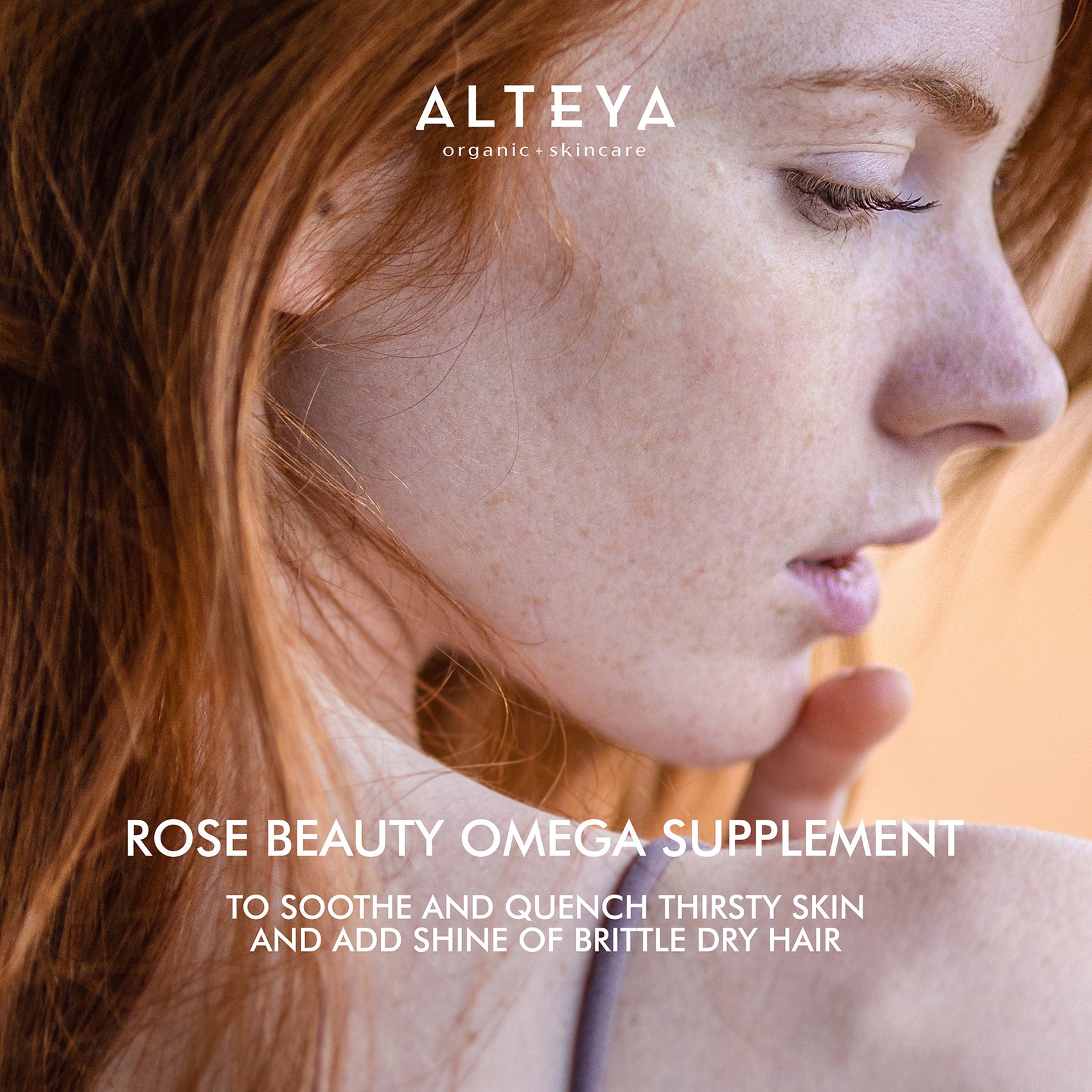 A woman's face with the words Rose Beauty Omegas Skin & Hair Organic Supplement by Alteya Organics.