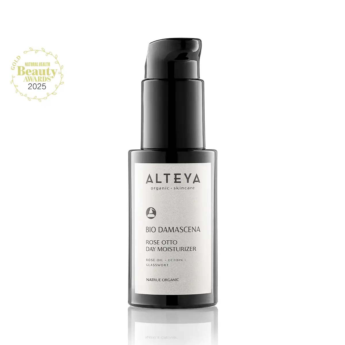 A black pump bottle of Bio Damascena Rose Otto Day Moisturizer, labeled as an organic hydrating moisturizer with a net weight of 50ml, featuring a nourishing essential oil blend.