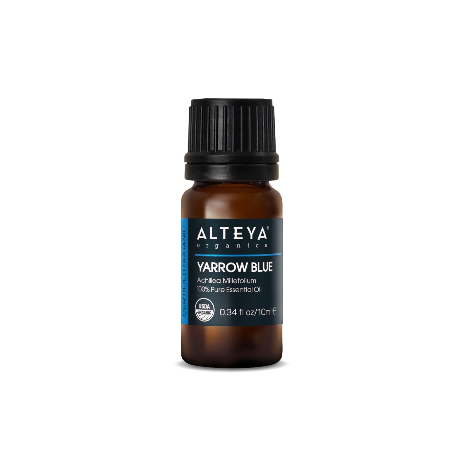 A small brown bottle of Yarrow, Blue essential oil /Achillea millefolium/, labeled as 100% pure, displayed on a white background.