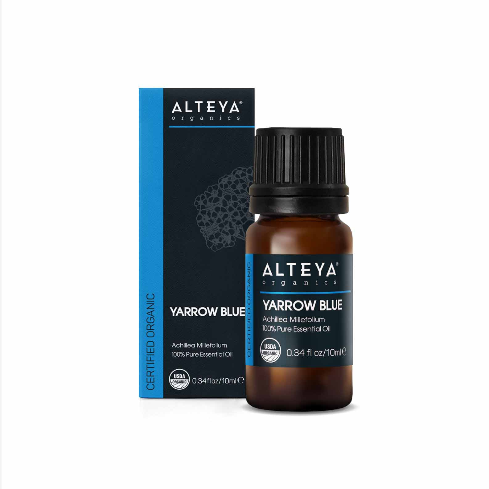 Sentence with Product Name: A bottle of Yarrow, Blue essential oil /Achillea millefolium/ next to its packaging box on a white background.