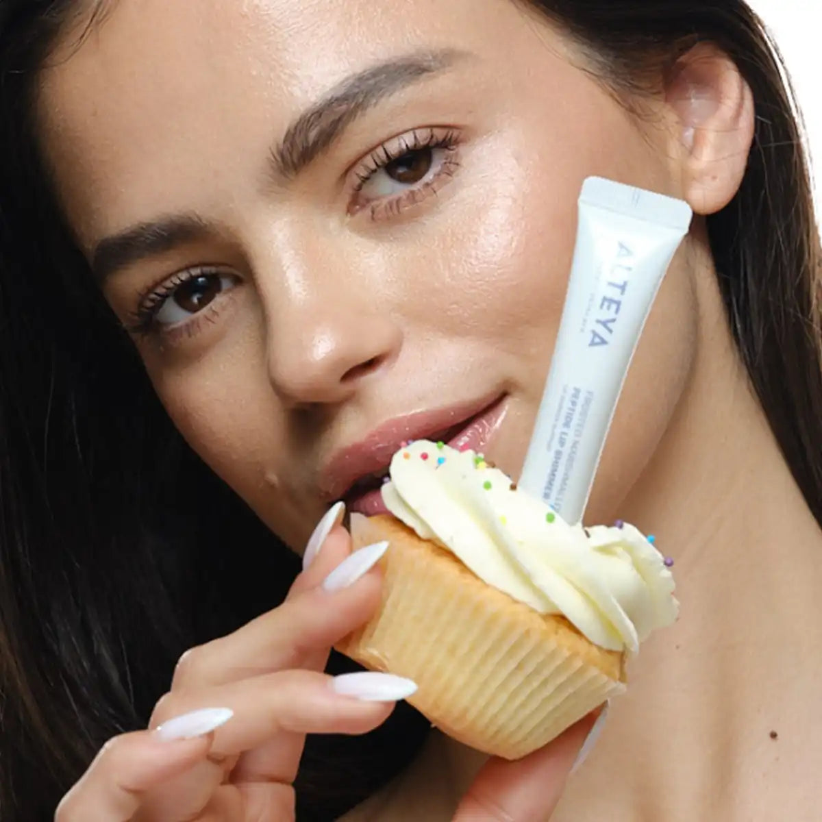 Frosted marshmallow lip gloss and model