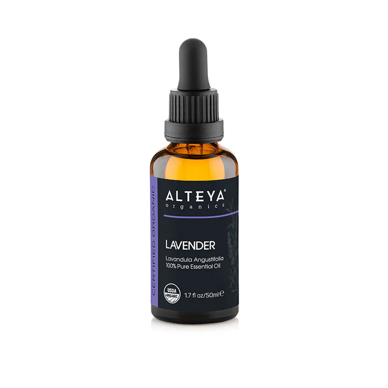 Lavender essential oil (Lavandula Angustifolia) from Alteya Organics, featuring a dropper for aromatherapy and skincare. Labeled 100% pure, available in a 50ml bottle.