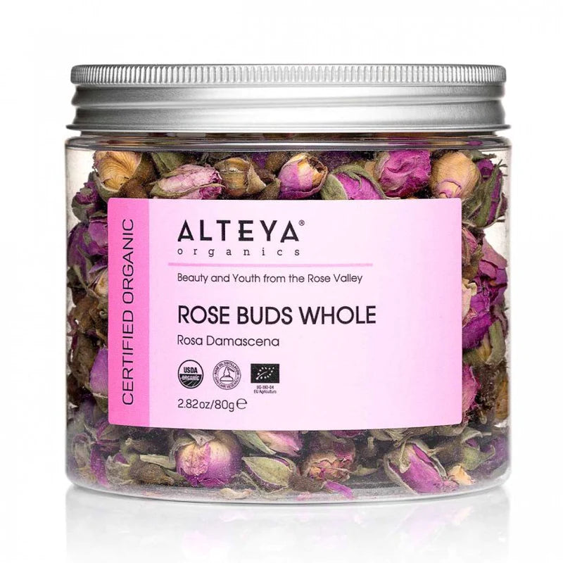 Alteya's Rose Buds Whole, Rosa Damascena - jar on a white background