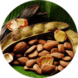 Nuts and seeds on a banana leaf.