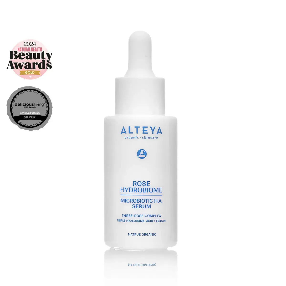 A bottle of Rose Hydrobiome Microbiotic H.A. Serum featuring Hyaluronic Acid on a white background.