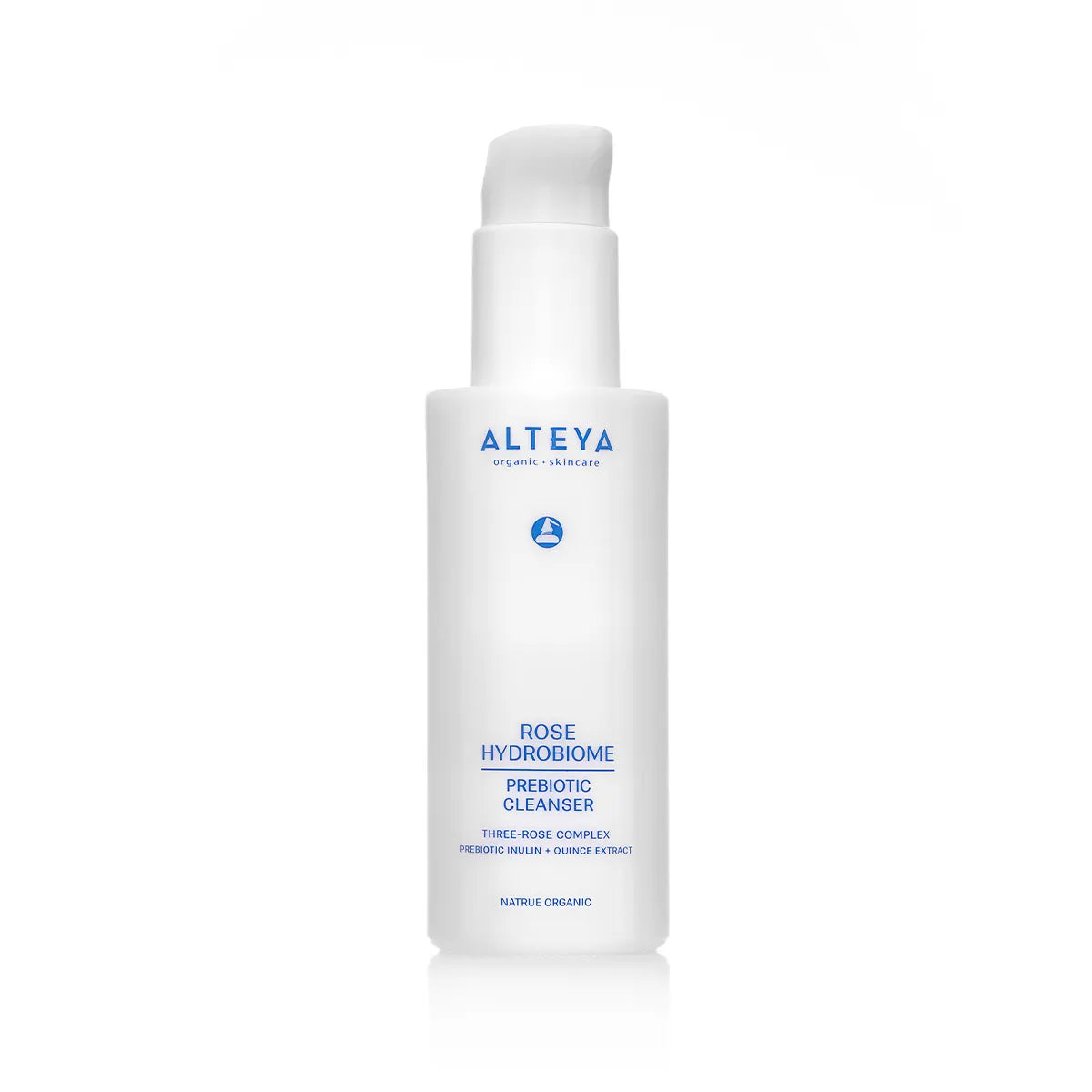 A bottle of Rose Hydrobiome Prebiotic Cleanser featuring a Three-Rose Complex on a white background.