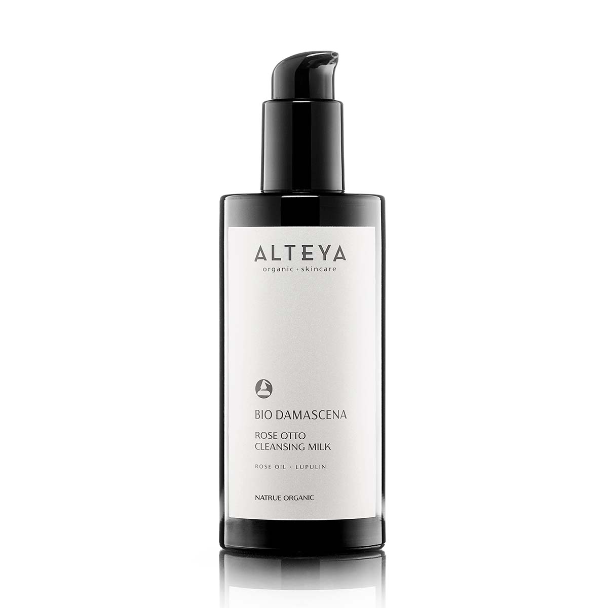 A black pump bottle of Bio Damascena Rose Otto Cleansing Milk, a gentle cleansing milk with rose water, featuring its name and description on the label.