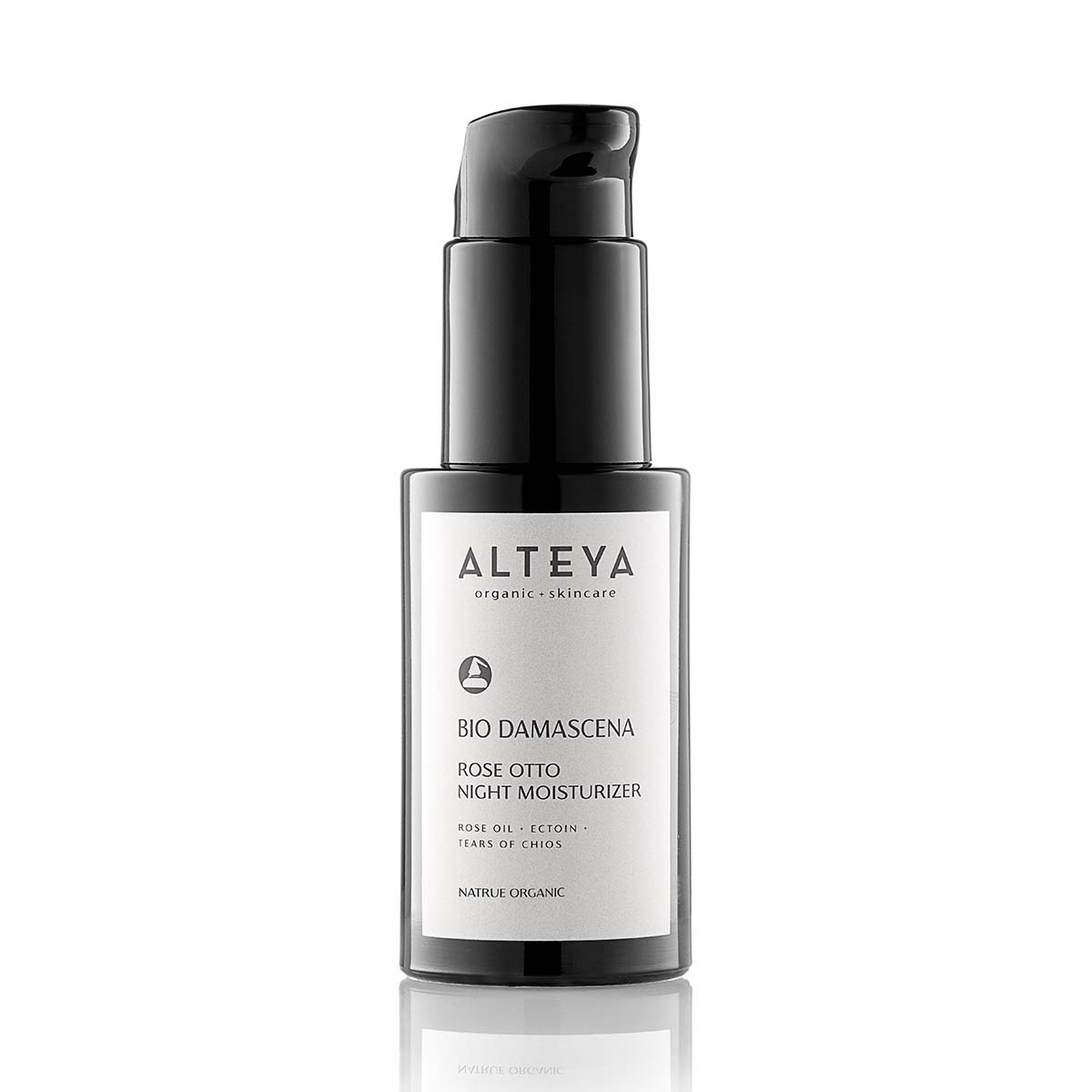 Black bottle of Bio Damascena Rose Otto Night Moisturizer with a pump dispenser, set against a plain white background.