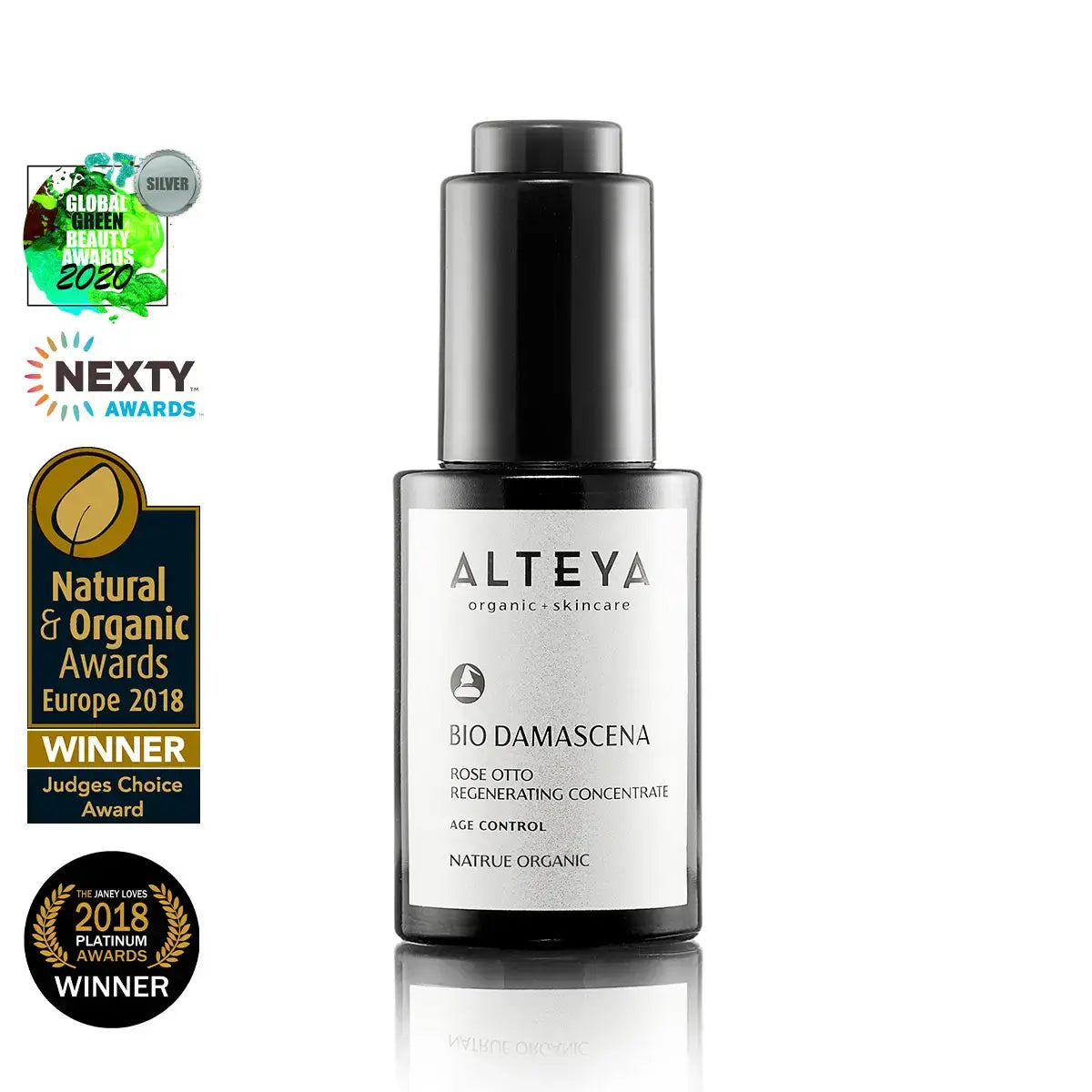 A black and white bottle of Alteya Organic Skincare's Bio Damascena Rose Otto Regenerating Concentrate, labeled as a high-performance serum for organic age control.