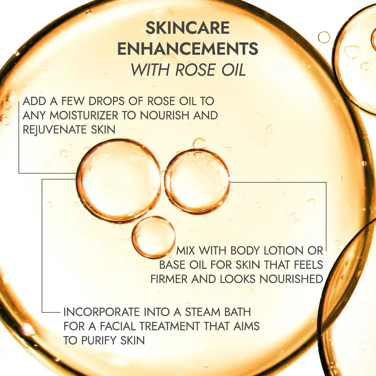 A graphic showcasing skincare enhancement tips with Bulgarian Rose Essential Oil - Rose Otto - 100% Pure, suggesting its use in moisturizer, body lotion, or a steam bath to nourish, rejuvenate, firm, and purify the skin.