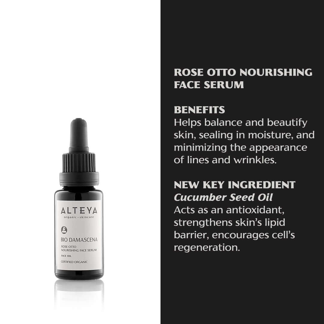 Alteya Organics' Bio Damascena Rose Otto Nourishing Face Serum is certified organic.