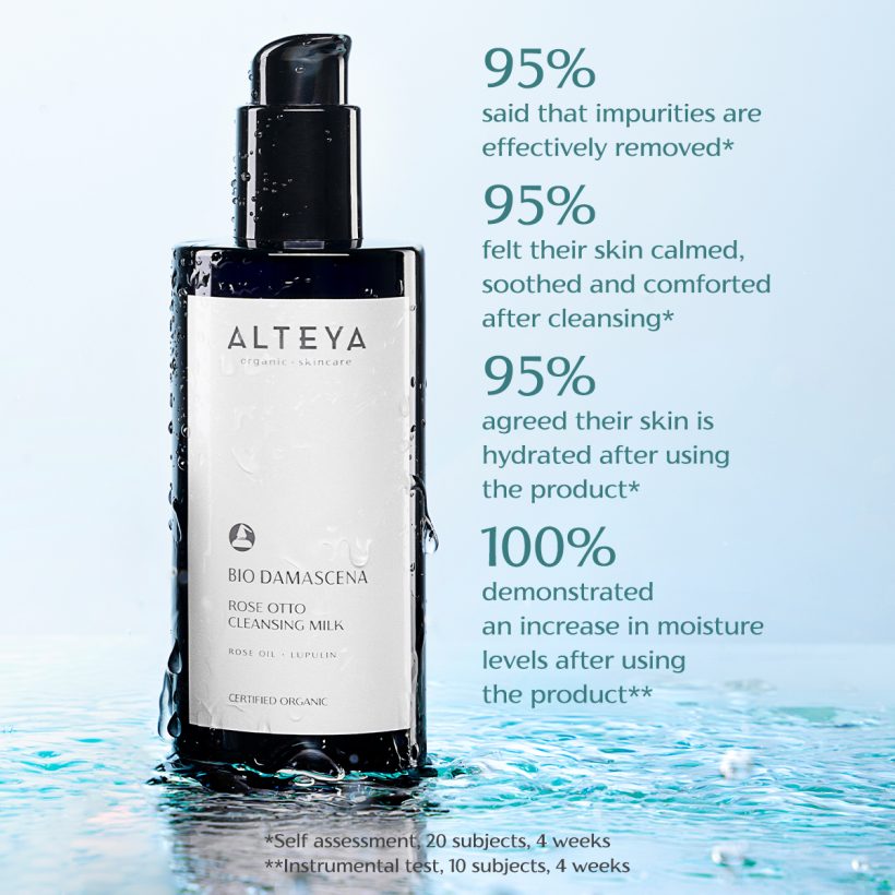A bottle of Bio Damascena Rose Otto Cleansing Milk with the brand name Alteya Organics on it.