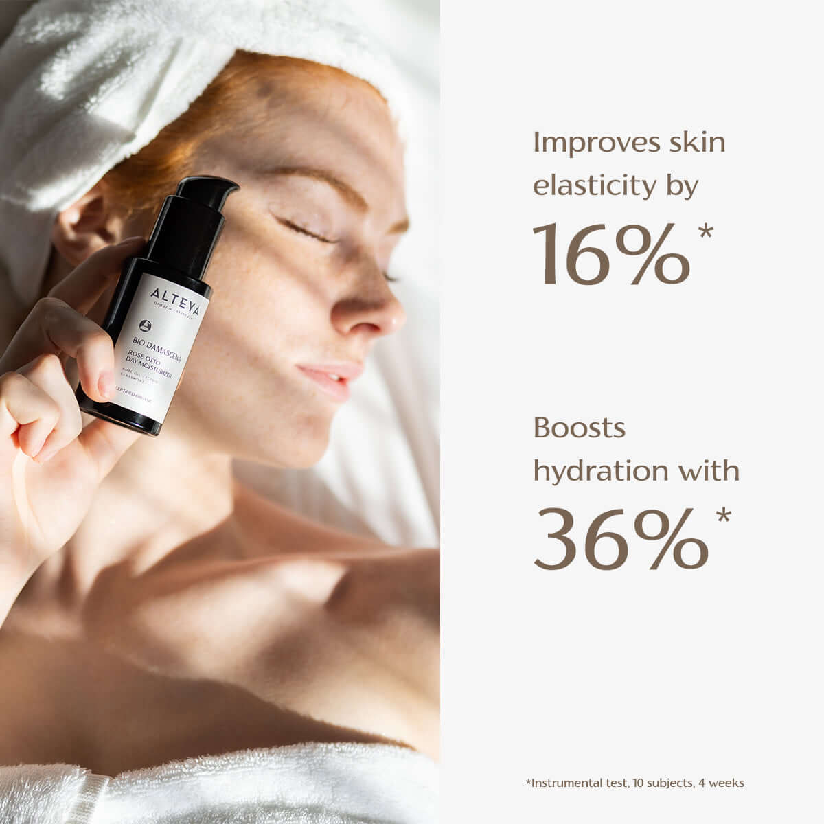 A woman is lying on a bed experiencing the benefits of Alteya Organics' Bio Damascena Rose Otto Day Moisturizer, which improves skin elasticity by 35% and boosts hydration by 35%.