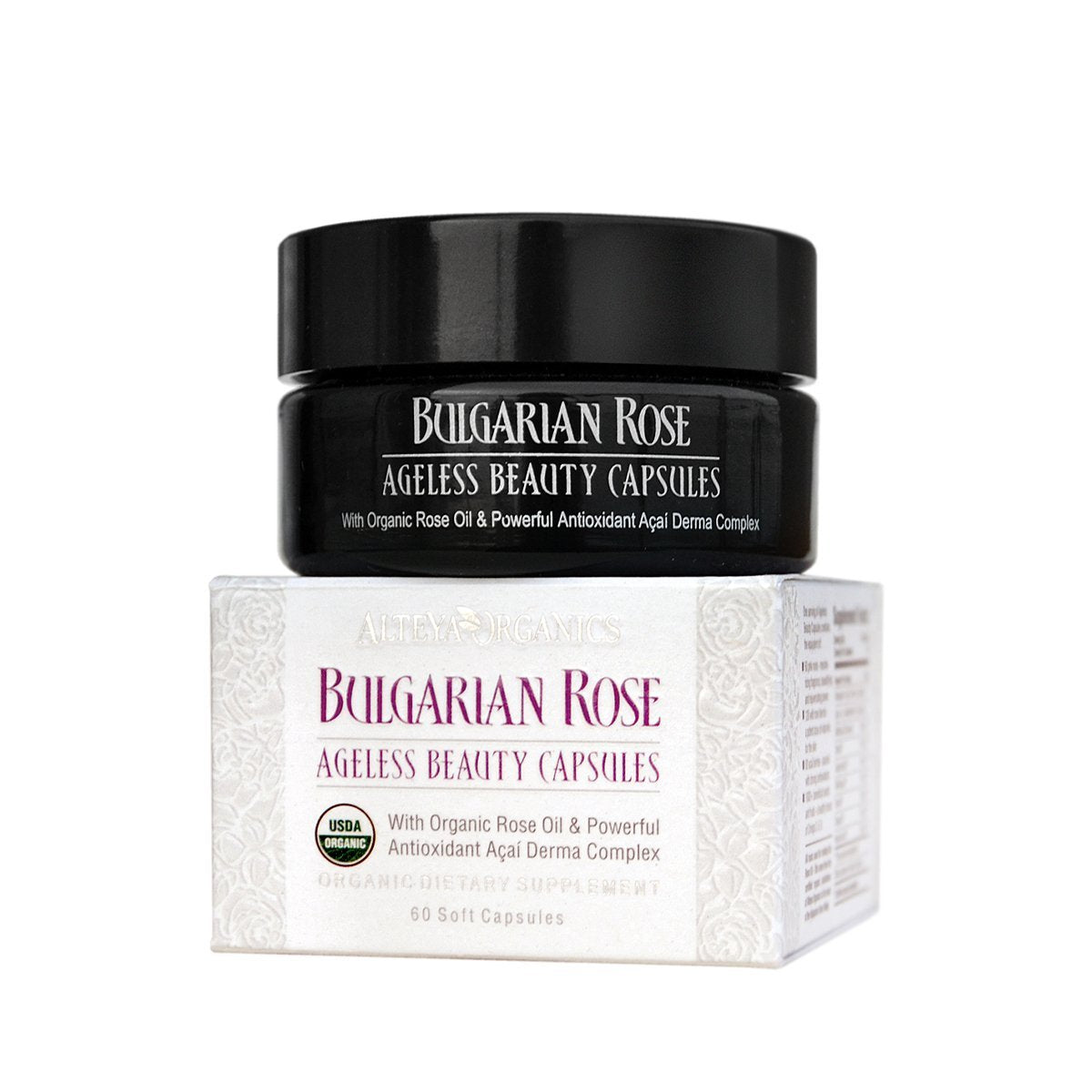 A jar of Bulgarian Rose Ageless Beauty Capsules enriched with antioxidant acai derma complex for reducing wrinkles and featuring organic rose oil from Alteya Organics.