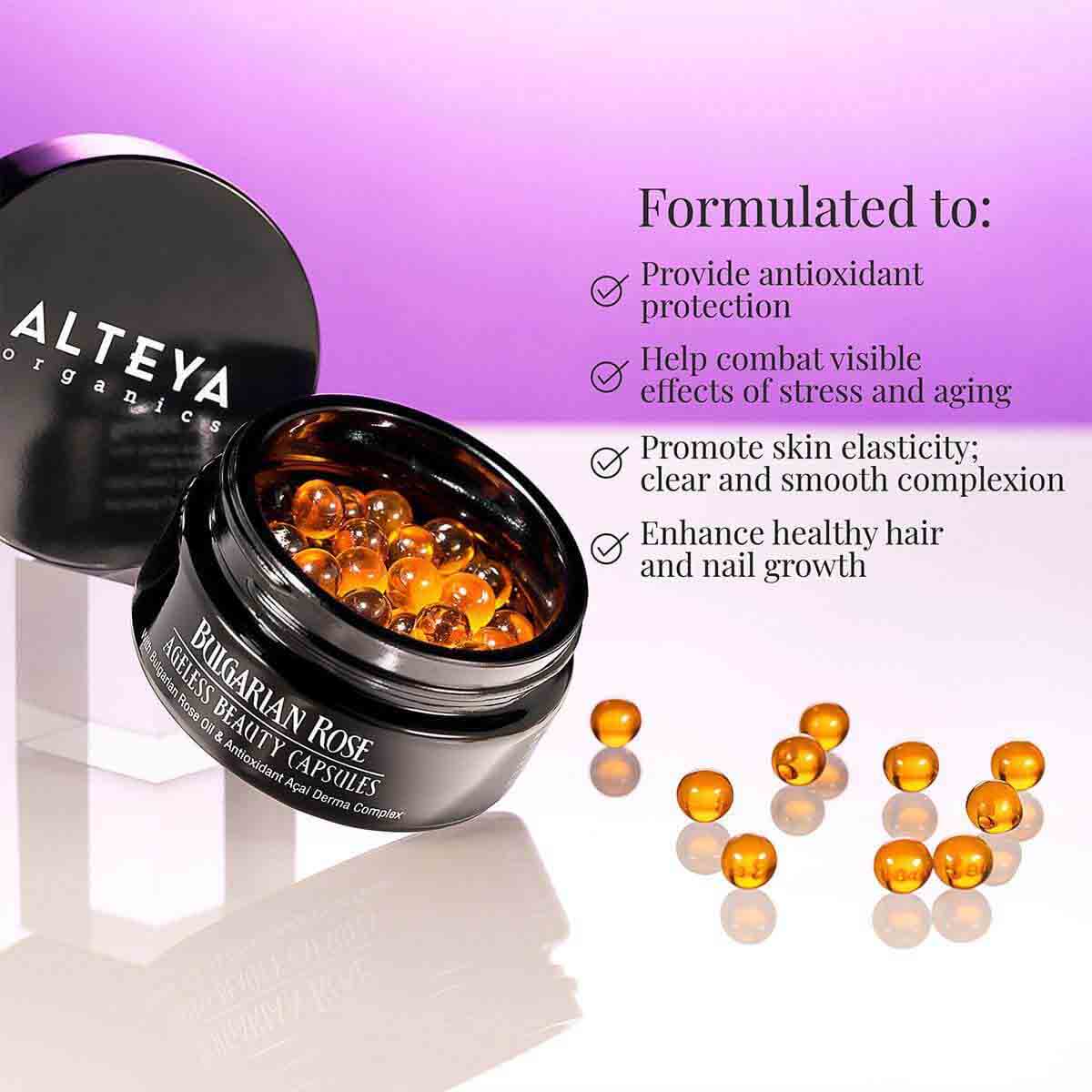 A jar with a bottle of Alteya Organics' Bulgarian Rose Ageless Beauty Capsules, rich in antioxidant Acai Derma Complex to combat wrinkles.