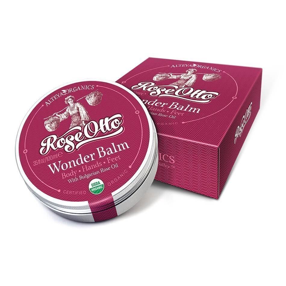 Alteya Organics Wonder Balm Rose Otto Body-Hands-Feet Moisturizing, a multi-purpose organic balm in a tin infused with Rose Otto.