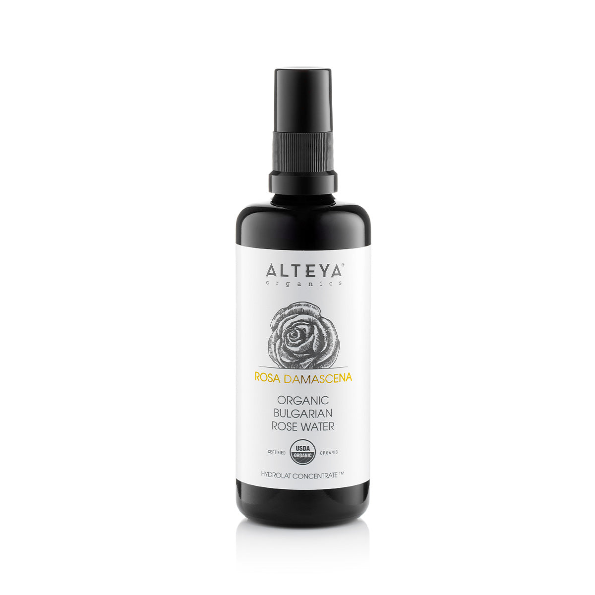 An Alteya Organics Organic Toner Mist 3.4 Fl Oz - Rose Water Violet Glass spray, infused with rose water for a refreshing skincare experience.
