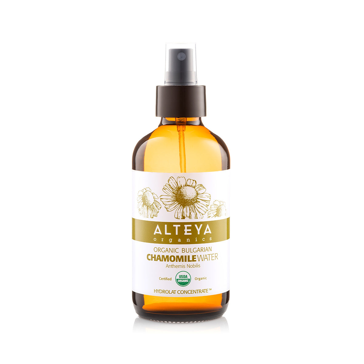 A bottle of Bulgarian Organic Chamomile Water - Glass Spray by Alteya Organics on a white background, perfect for soothing the skin.
