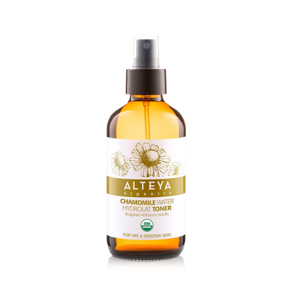 A bottle of Bulgarian Organic Chamomile Water - Glass Spray by Alteya Organics on a white background, perfect for soothing the skin.