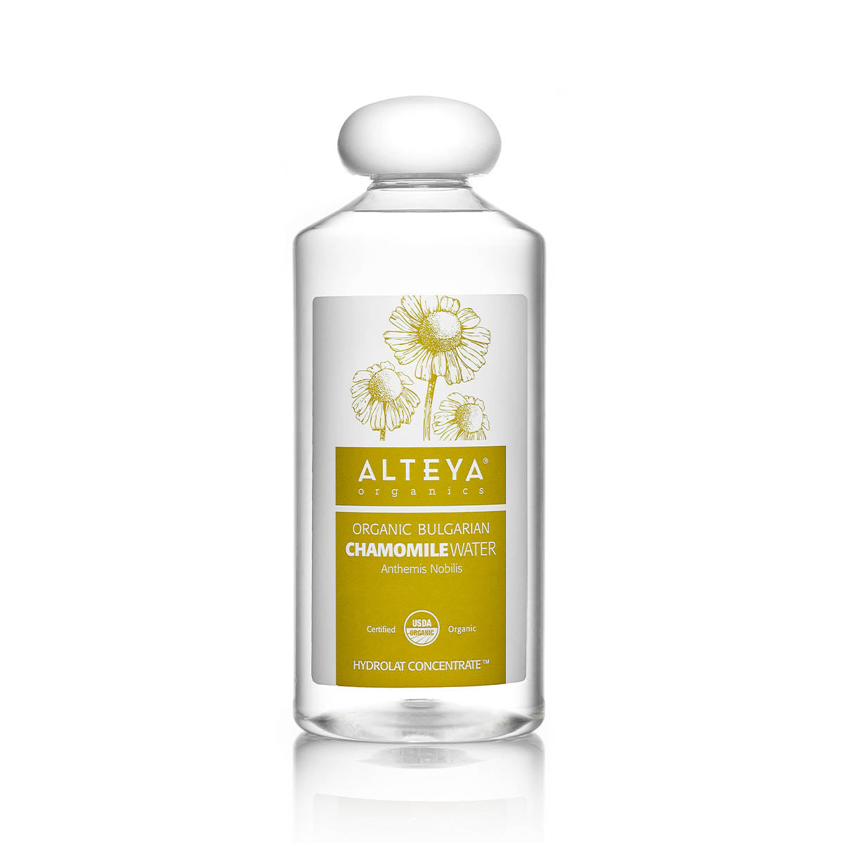A bottle of Alteya Organics Bulgarian Organic Chamomile Water on a white background.