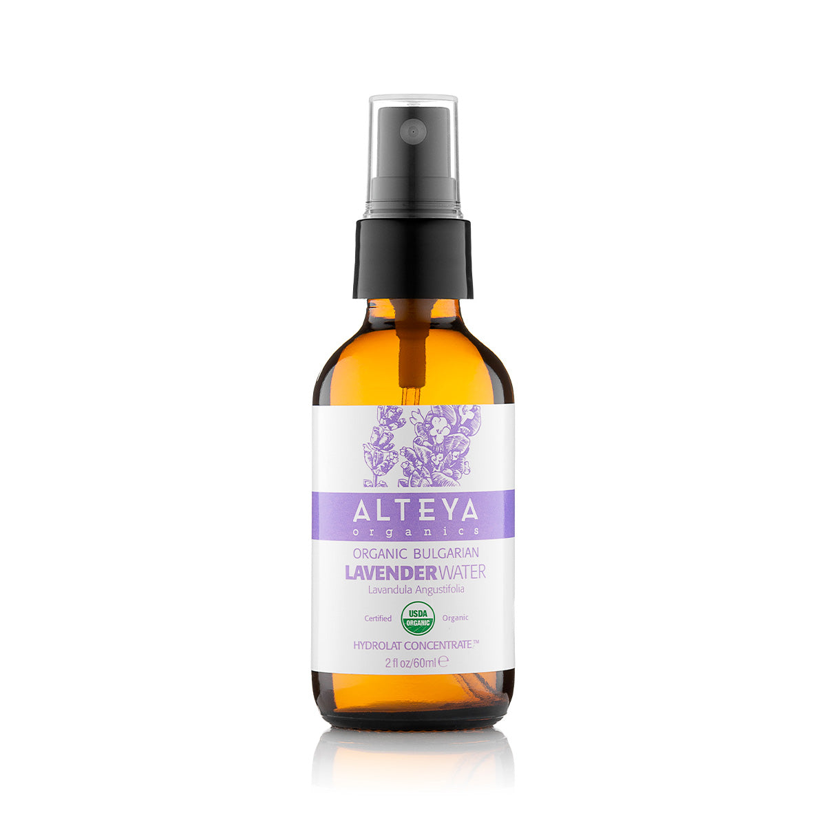 A bottle of USDA Certified Organic Lavender Water from Alteya Organics on a white background.